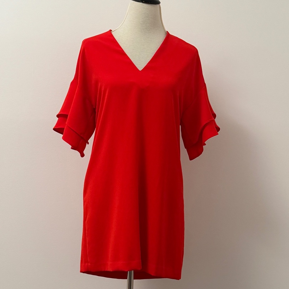 ZARA WOMAN Red Flutter Sleeve V-neck Sheath Dress Size S  NWOT